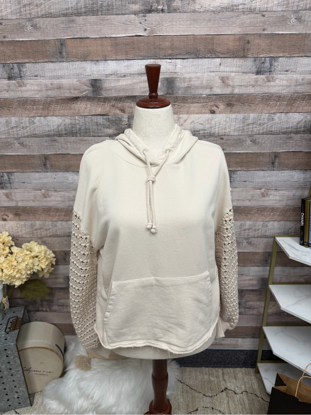 Rails Cream Crochet-Sleeve Hoodie Sweater